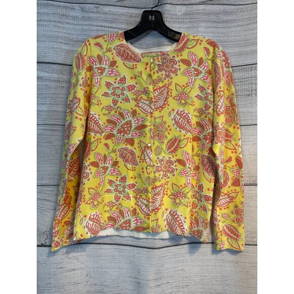 Lilly & Van Long Sleeve Yellow Floral Cardigan Sweater M - Picture 1 of 4